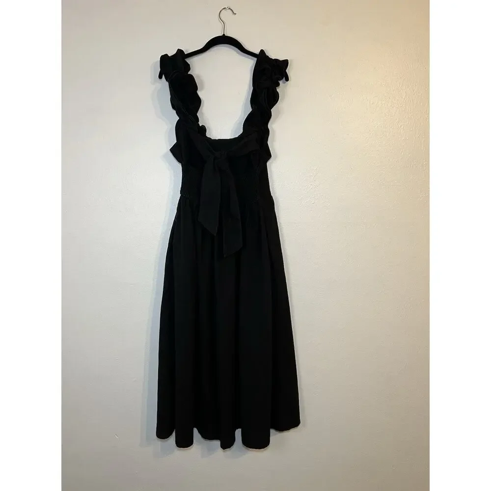 Free People Ruffle It Up Midi Dress Black Smocked Tie Cotton Size Medium